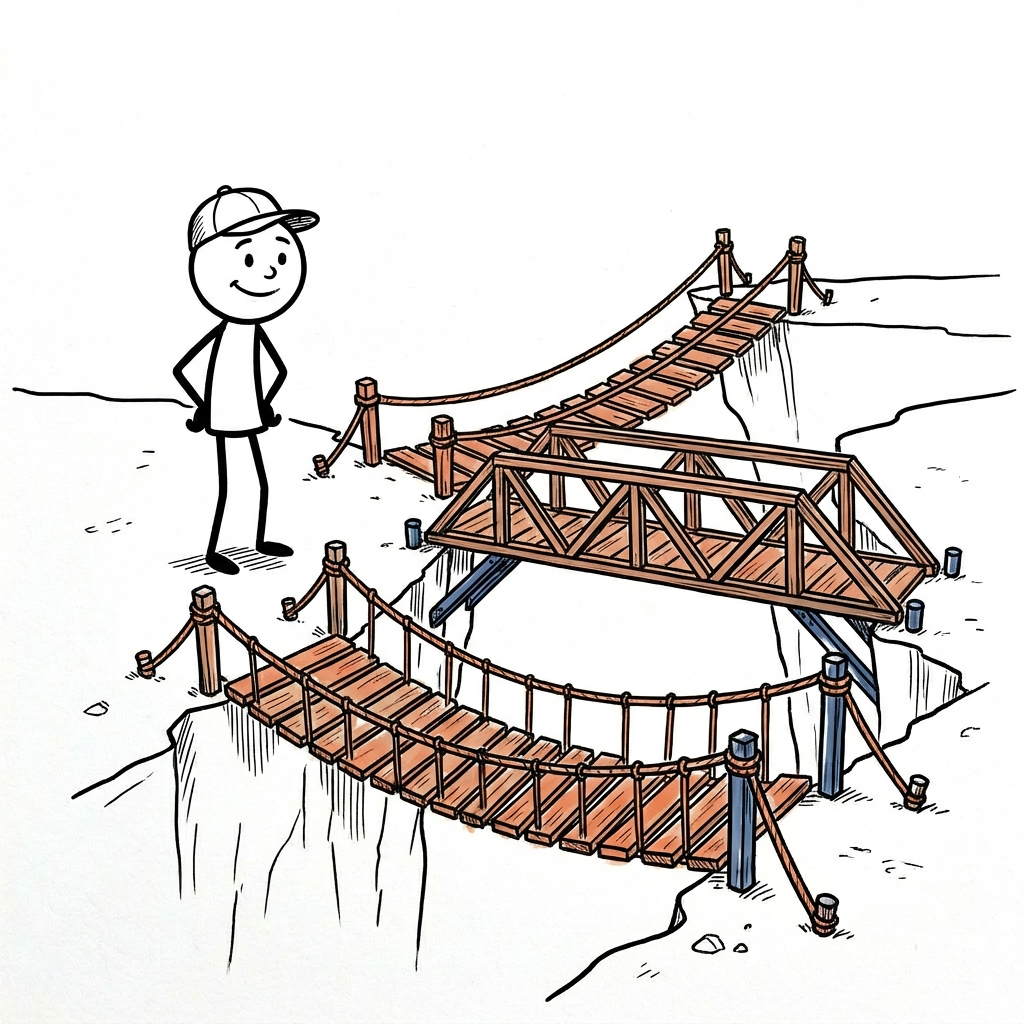 Stick figure looking at three bridges - only one fully built across the gap