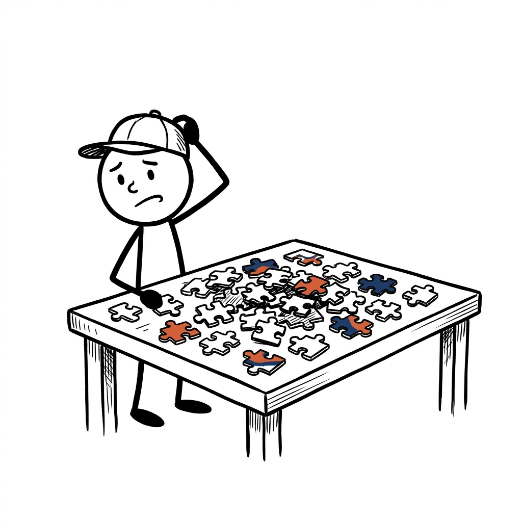 Stick figure puzzling over a jigsaw with no picture on the box
